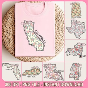 9+ Coquette States Preppy Png Bundle, States Colorful Floral States California Png, Florida Png, Alabama Png, Mississippi Png, Texas Png