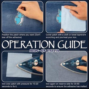 K&ouml;nnte beinhalten: Eine Anleitung zum Aufb&uuml;geln von Aufn&auml;hern. Die Anleitung zeigt, wie man einen blauen Wal-Aufn&auml;her auf Denim aufbringt. Die Anweisungen umfassen das Positionieren des Aufn&auml;hers, das Abdecken mit einem Tuch und die Verwendung eines B&uuml;geleisens f&uuml;r 10-20 Sekunden.