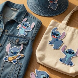 May include: A denim vest, bucket hat, tote bag, and hair clip featuring the cartoon character Stitch. The items are decorated with blue and pink patches of Stitch in various poses, including playing a guitar and holding ice cream.
