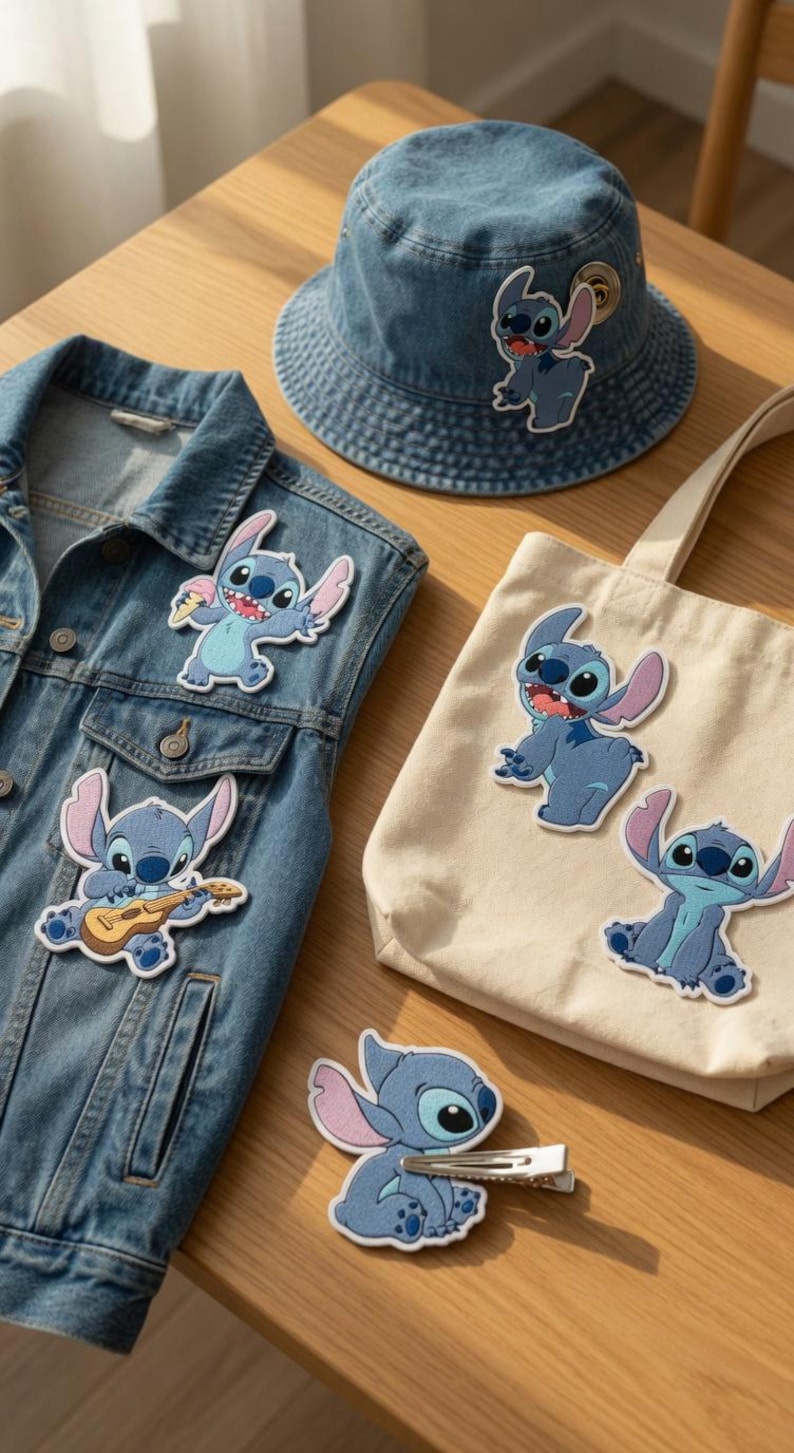 May include: A denim vest, bucket hat, tote bag, and hair clip featuring the cartoon character Stitch. The items are decorated with blue and pink patches of Stitch in various poses, including playing a guitar and holding ice cream.