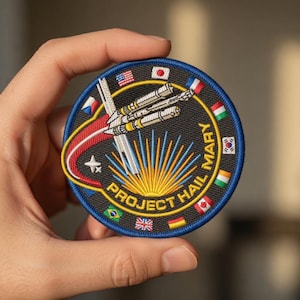 Op de afbeelding: Geborduurde patch met een ruimtethema. De patch heeft een ruimteschipontwerp met de tekst "PROJECT HAIL MARY" en de naam "MARY" aan de rechterkant. De patch heeft een blauwe rand met vlaggen van verschillende landen.
