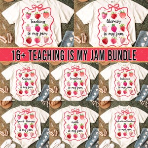 16+ Teaching Is My Jam Strawberry Coquette Back To School Bundle Png, Everyday Png, Preppy Teacher Design,Coquette Teacher Png School Bundle
