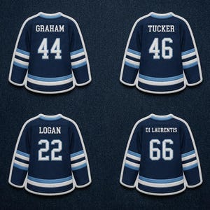 May include: Four navy blue hockey jerseys with white and light blue stripes. Each jersey displays a different name and number: Graham 44, Tucker 46, Logan 22, and Di Laurentis 66. The jerseys are set against a dark blue denim background.