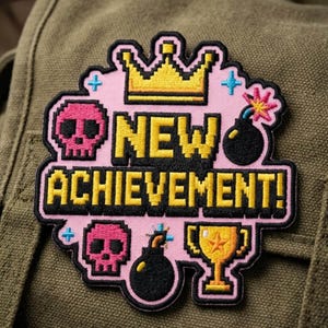 Może przedstawiać: Różowa, pikselowana naszywka z żółtym napisem "NEW ACHIEVEMENT!". Naszywka przedstawia złotą koronę, różowe czaszki, czarne bomby i złote trofeum. Naszywka znajduje się na zielonym płótnianym tle.