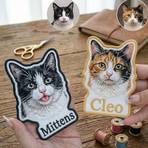カスタム猫肖像刺繍ワッペン、パーソナライズされた猫の写真ワッペン、服や帽子に縫い付け/アイロン接着/面ファスナーで取り付け可能なワッペンアップリケ