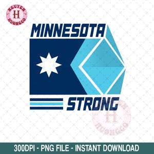 Può includere: Un design grafico blu navy e azzurro con le parole "MINNESOTA STRONG". Il design include una stella bianca e una forma geometrica. Il testo "300DPI - PNG FILE - INSTANT DOWNLOAD" è in basso.