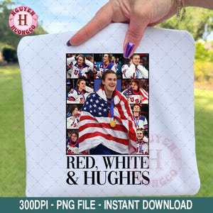 May include: White tote bag featuring a collage of images of an athlete wrapped in an American flag, with a gold medal. Text reads "RED, WHITE & HUGHES". The bag is held by a person.
