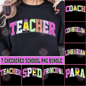 7+ Retro School Occupation PNG Bundle, Back to School Teacher Sped Para Counselor, Preppy First Day of School Checkered Girly Png Digital