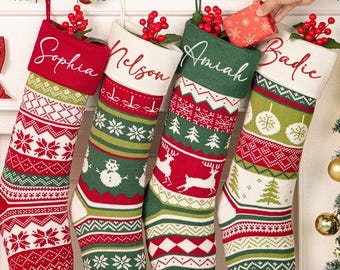 Personalized Knitted Christmas Stocking: Embroidered Family Holiday Decor