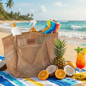May include: A beach scene with a tan mesh tote bag labeled "Hazel" filled with sunscreen and a rolled towel. A pineapple, oranges, coconuts, bananas, and a cocktail sit on a striped beach towel. The ocean and palm trees are in the background.