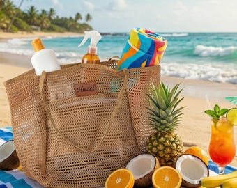 Benutzerdefinierte Mesh Strandtasche, Brautjungfer Geschenktasche, personalisierte Junggesellinnenparty Tasche, Reise Strandtasche für Sie