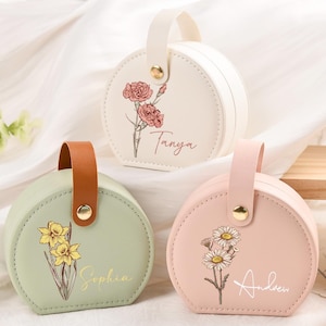 Portagioie personalizzato con nome per damigelle d'onore, portagioie da viaggio personalizzato, portagioie con fiori del mese di nascita, regali per la festa nuziale per lei