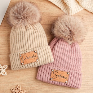 Personalized Knit Baby Beanie: Custom Name, Leather Patch, Slouchy Pom Hat