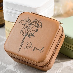 Portagioie personalizzato per damigella d'onore, portagioielli da viaggio con fiore di nascita, portagioielli in pelle, compleanno, anniversario, regalo di nozze per donne