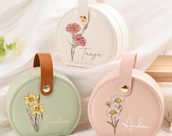 Personalized Birth Flower Vegan Leather Jewelry Box, Bridesmaid Gift