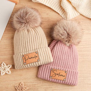 Personalized Knit Baby Beanie: Custom Name, Leather Patch, Slouchy Pom Hat