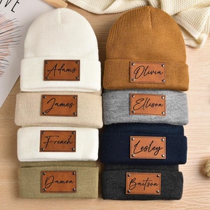 Knitted Winter Hat, Custom Baby Beanie Hat, Newborn Infant Toddler Kids Youth Child, Personalized Baby Name Hat, Leather Name Patch Beanie