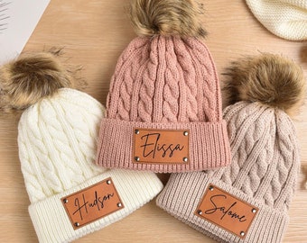 Personalized Baby Beanie with Engraved Name Patch: Knitted Wool Acrylic