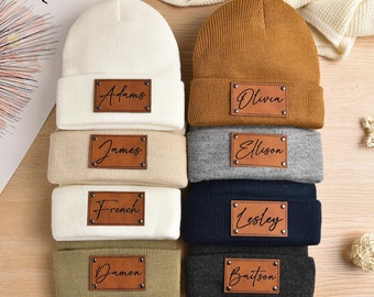 Personalized Knit Baby Beanie: Custom Name Leather Patch Winter Hat
