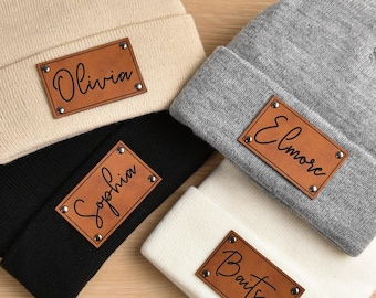 Personalized Infant Beanie with Name,Newborn baby Beanies,Kid Knitted Hat,Leather Patch Beanies for Baby ,Toddler Child Newborn Baby Beanie