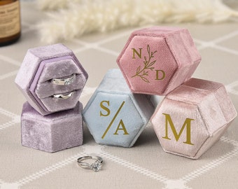 Personalized Velvet Ring Box: Hexagon Double Slot Engagement Ring Holder