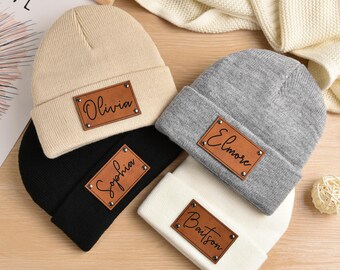 Personalized Knit Baby Beanie: Custom Name Leather Patch Winter Hat