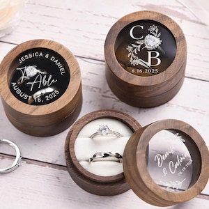 結婚式用のパーソナライズされた木製リングボックス、ダブルスロットの婚約指輪ボックス、カスタム刻印のプロポーズリングホルダー、ブライダルリングベアラー