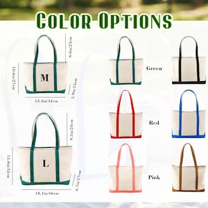 May include: A collection of canvas tote bags in various colors including green, black, red, blue, pink, and khaki. The bags feature two handles and a contrasting base. Dimensions are provided in inches, showing sizes M at 13.4 by 10.6 inches and L at 18.1 by 13.0 inches.