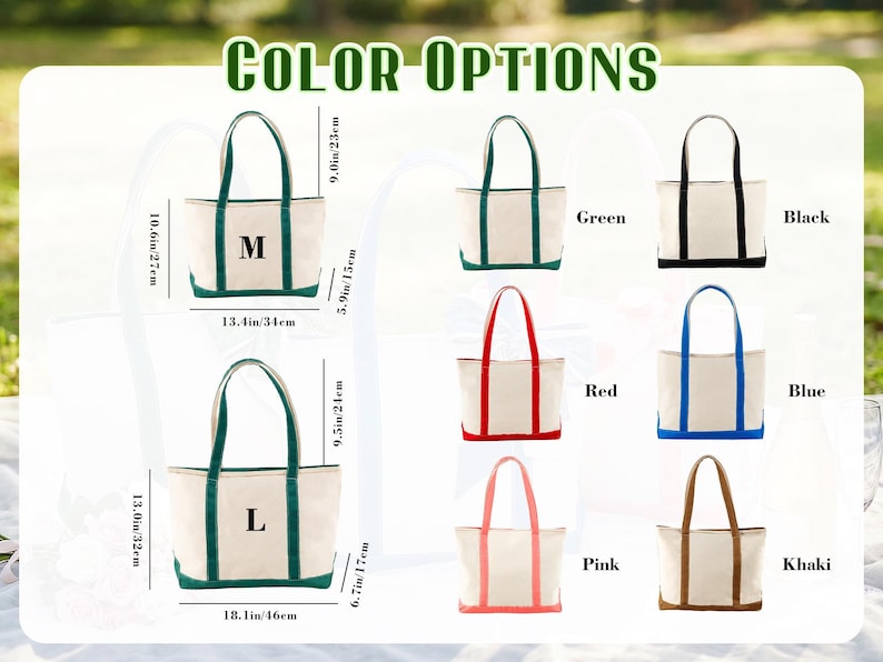May include: A collection of canvas tote bags in various colors including green, black, red, blue, pink, and khaki. The bags feature two handles and a contrasting base. Dimensions are provided in inches, showing sizes M at 13.4 by 10.6 inches and L at 18.1 by 13.0 inches.