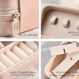 May include: A pink jewelry box with metal zippers, a ring storage area with six compartments, a necklace hook section with three hooks, and an adjustable storage area for necklaces, bracelets, earrings, and hair accessories.
