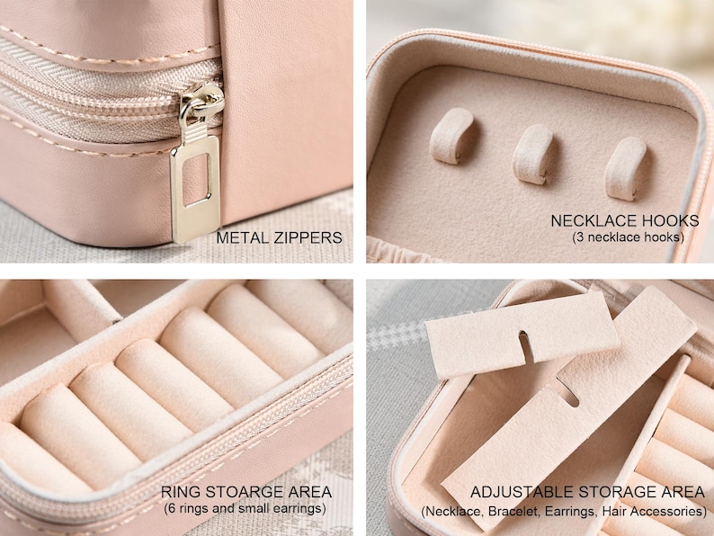 May include: A pink jewelry box with metal zippers, a ring storage area with six compartments, a necklace hook section with three hooks, and an adjustable storage area for necklaces, bracelets, earrings, and hair accessories.