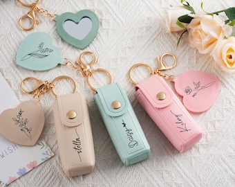 Personalized Lipstick Holder Keychain, Custom Name Lipstick Case, PU Leather Chapstick Bag, Bridesmaid Favor,Bridesmaid Proposal Gift