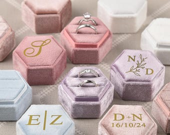 Personalized Hexagon Velvet Ring Box: Double Slot Engagement, Wedding