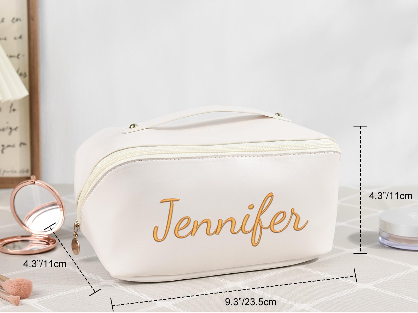 Personalized Leather Makeup Bag,Large Embroidered Cosmetic Bag,Luxurious Wedding Bridesmaid Gift for Her,Custom Travel Makeup Bag for Women