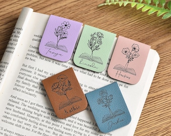 Personalized Leather Magnetic Bookmark: Engraved Flower Design