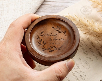 Engraved Walnut Ring Dish, Floral Design, Personalized Wedding Gift