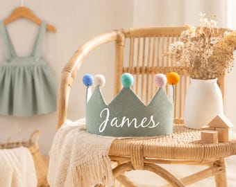 Hand Embroidered Linen Crown for Children's Birthdays, Custom Name Crown, Personalized Gift, Personalized Keepsake for Kids