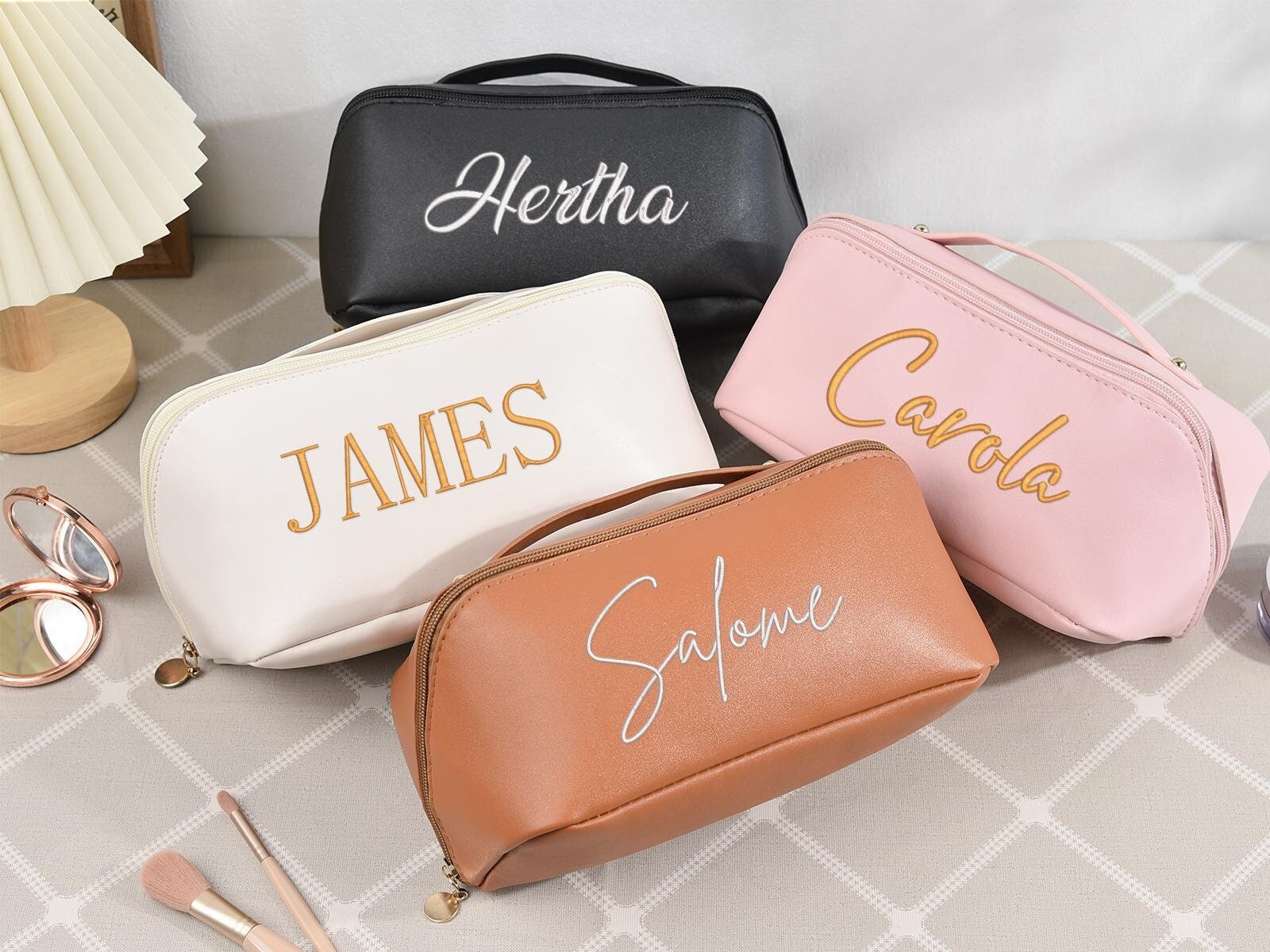 Personalized Leather Makeup Bag,Large Embroidered Cosmetic Bag,Luxurious Wedding Bridesmaid Gift for Her,Custom Travel Makeup Bag for Women