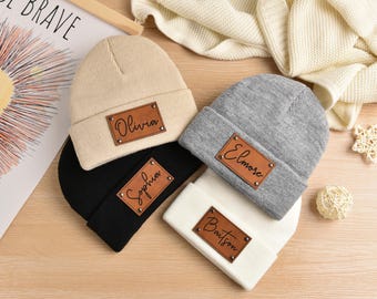 Personalizationlab Personalized Baby Beanie, Newborn Baby Beanie Hat, Adult Kids Hat With Name Patch, Unisex Baby Hats, Adult Beanie Hat With Name