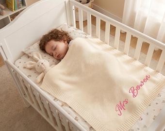 Embroidered Knit Baby Blanket, Custom Baby Name Blanket, Welcome Newborn Baby Blanket, Baby Shower Gift,  Personalized Baby Gift