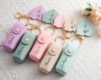 Personalized Lipstick Bag Keychain, Engraved Lipstick Holder with Mirror, Personalized Birthday Gift for Her, Christmas gift, Gift For Her