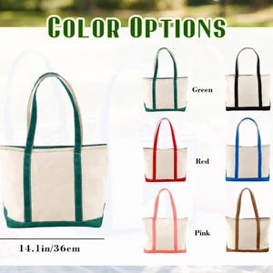 May include: A canvas tote bag with green accents, measuring 19.4 inches (49.5 cm) in height and 14.1 inches (36 cm) in width. The image displays various color options, including green, black, red, blue, pink, and khaki.