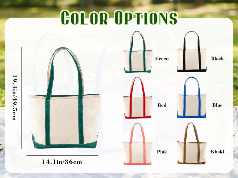 May include: A canvas tote bag with green accents, measuring 19.4 inches (49.5 cm) in height and 14.1 inches (36 cm) in width. The image displays various color options, including green, black, red, blue, pink, and khaki.
