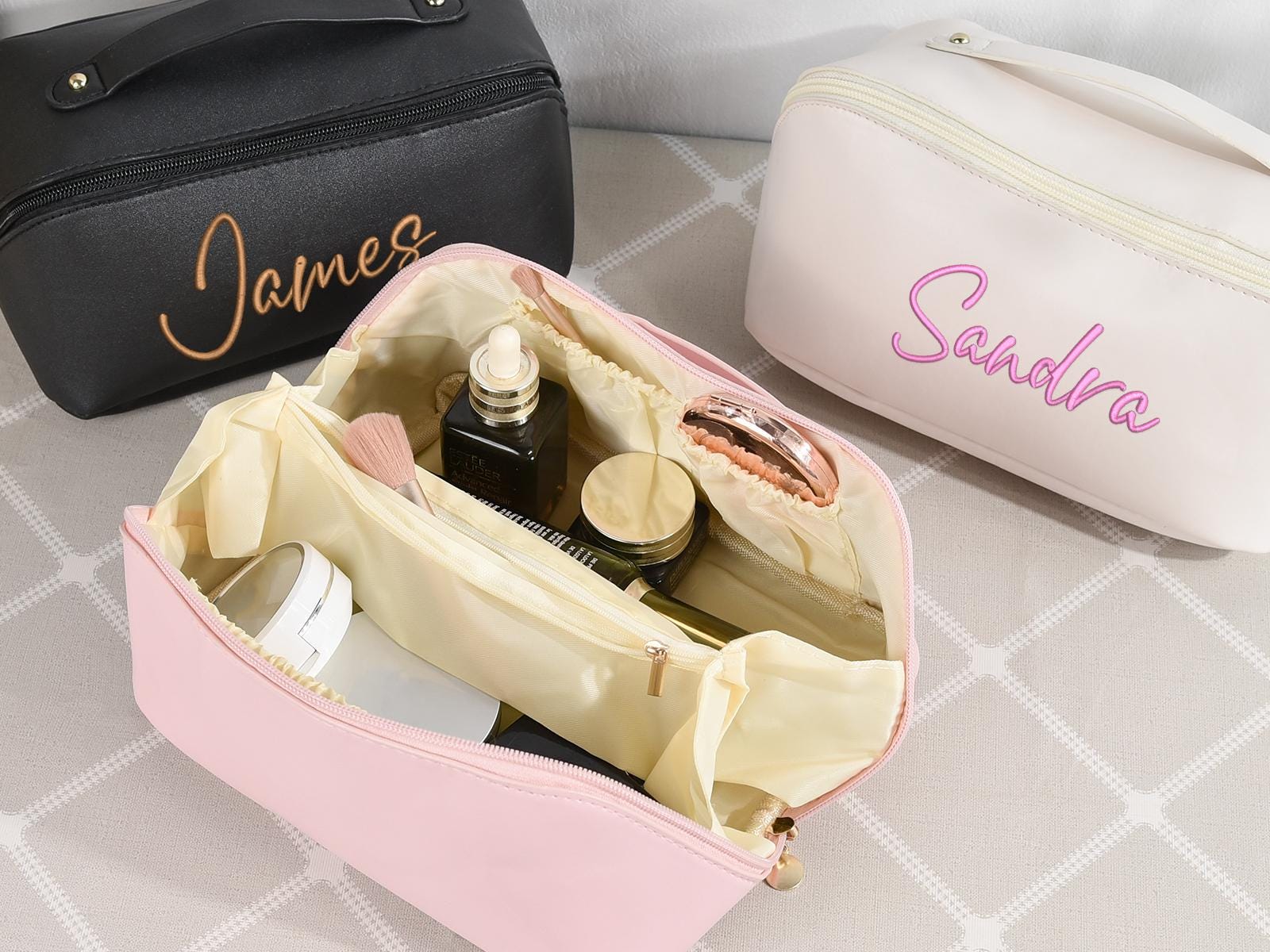 Personalized Leather Makeup Bag,Large Embroidered Cosmetic Bag,Luxurious Wedding Bridesmaid Gift for Her,Custom Travel Makeup Bag for Women