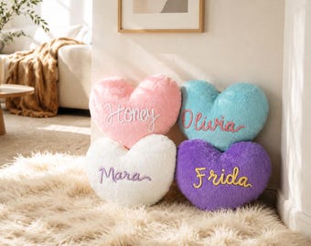 Custom Name Sleepover Party Cushion, Embroidered Name Heart-Shaped Pillow, Soft Romantic Gift for Girls, Sleepover Party Favors