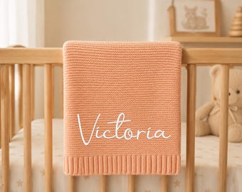 Embroidered Name Baby Blanket, Personalized Baby Blanket, Custom Name Knitted Throw, Cotton Blanket, Gift for Baby, Keepsake for Baby