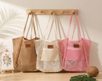 Personalized Beach Tote Bag, Sandproof Nylon Mesh, Leather Patch, Girls Trip Gifts,Bridal Shower Bag,Summer Beach Bag