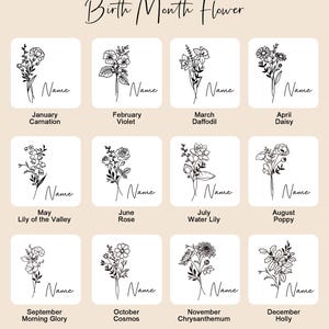 May include: A chart with twelve illustrations of flowers, each representing a different month of the year. The flowers are drawn in black and white line art style. Each flower is labeled with the month and the name of the flower.
