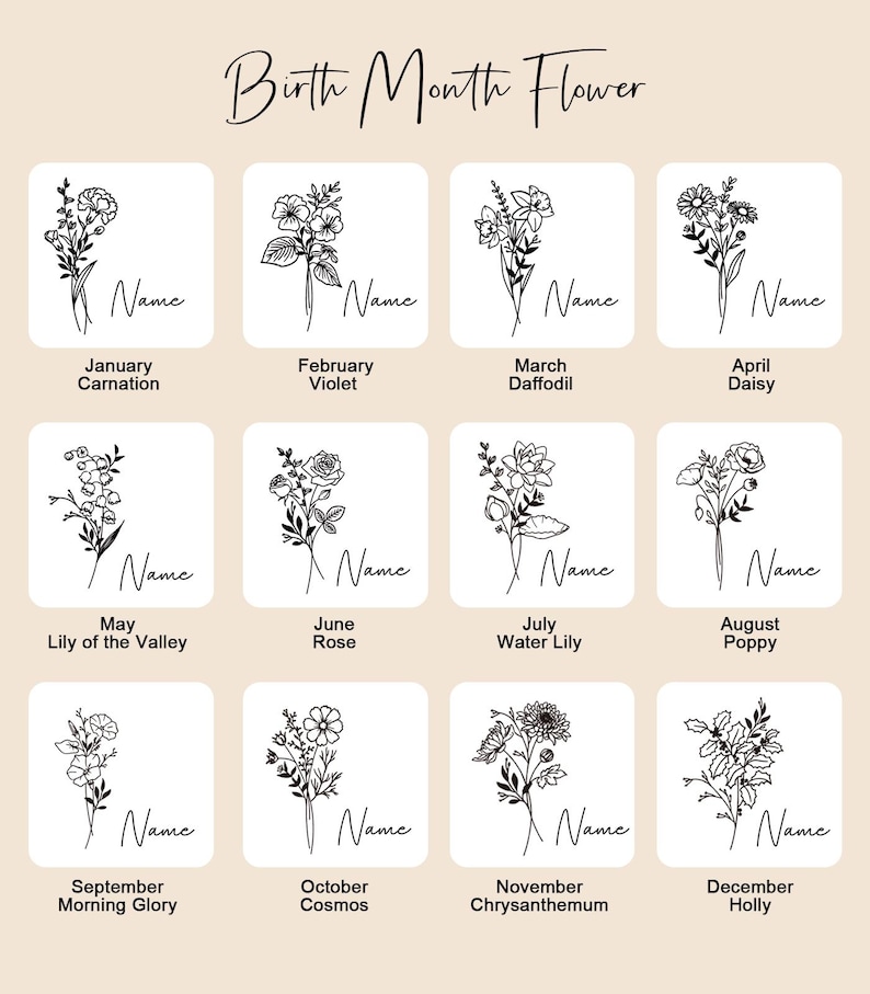 May include: A chart with twelve illustrations of flowers, each representing a different month of the year. The flowers are drawn in black and white line art style. Each flower is labeled with the month and the name of the flower.