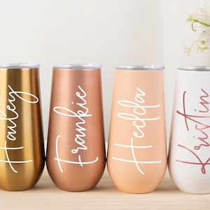 Personalized Bridesmaid Gifts for Her, Custom Stemless Champagne Tumbler with Leak-Proof Lid, Perfect for Bachelorette Parties & Weddings